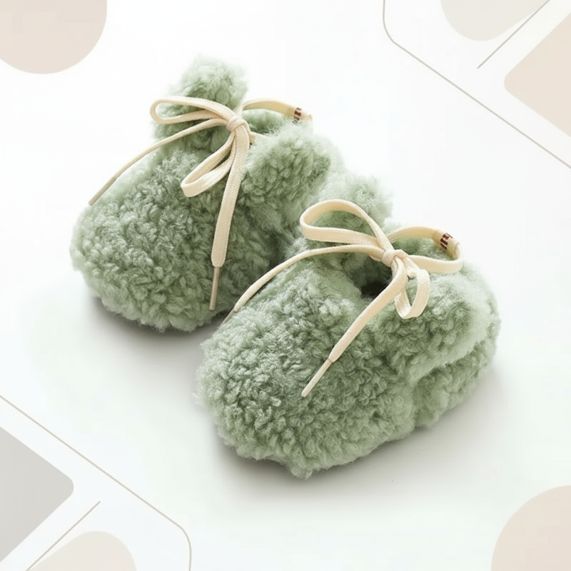 Baby's feet in non-slip booties, ensuring warmth and stability for early steps, cozy infant shoes.