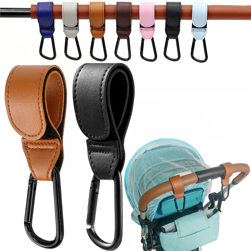 Pair of PU leather stroller hooks, brown, 360° rotating for diaper bags & baby gear