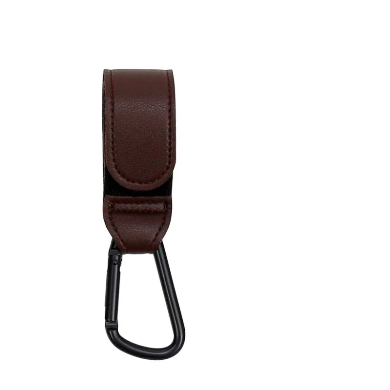 Durable PU leather stroller hook attached to a metal shopping cart, hands free solution