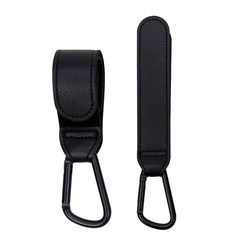 Baby accessories: Two PU leather stroller hooks, essential for diaper bag management