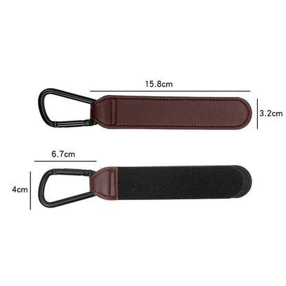 Soft-touch PU leather stroller hooks displayed on a clean white background