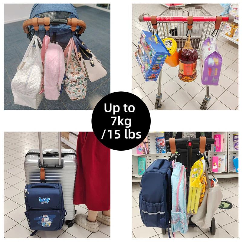 Stroller handle with black PU leather hook attached, holding a diaper bag securely
