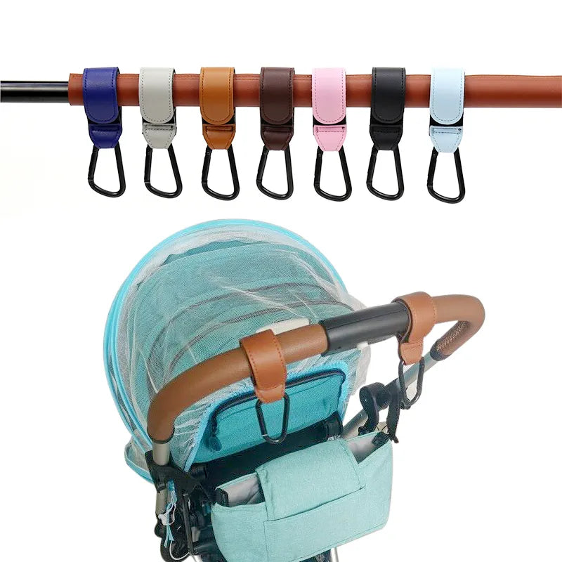 Lifestyle image of parents using brown PU leather stroller hooks for shopping bags