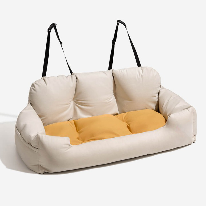 Grey PawsRest pet car seat bed designed for dog safety & comfort during travel. Washable for easy maintenance.