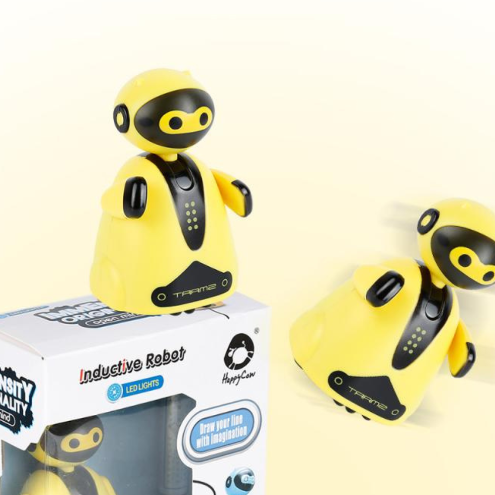 STEM robot toy for kids, teaches line following with creative drawing game