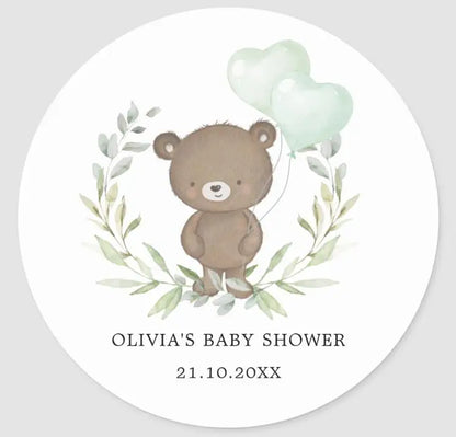 Custom labels for baptism favors, personalized with a charming balloon bear design for events.