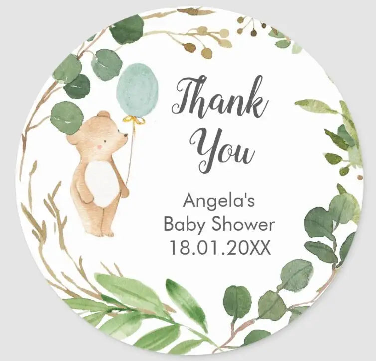 Personalized bear and balloons sticker for baby shower and baptism, perfect for party decoration.