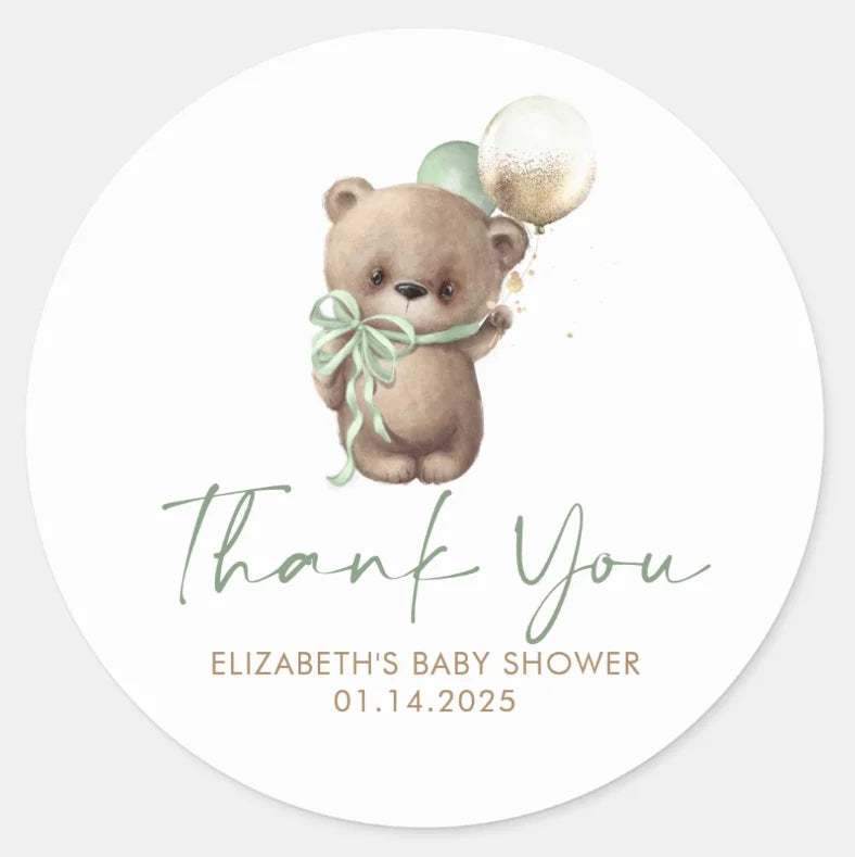 Custom personalized bear sticker with balloons, ideal for baptism and baby shower celebrations.