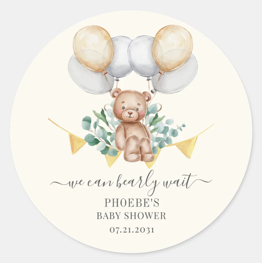 Personalized baptism sticker with a cute balloon bear, perfect for themed baby shower favors.