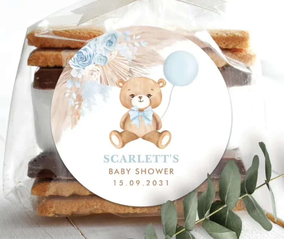 Birthday party custom label: personalized balloon bear sticker for a memorable celebration.