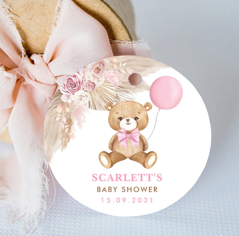 Round personalized bear sticker for baby shower party decor, ideal for baptism celebrations.