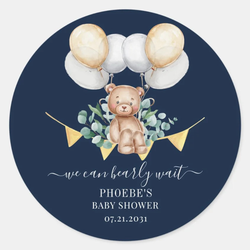 Custom baby shower sticker with a balloon bear, perfect for personalized baptism party favors.