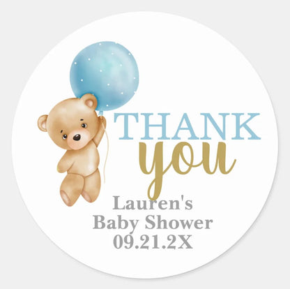 Cute bear stickers holding balloons, personalized for baptism celebrations and birthday parties.