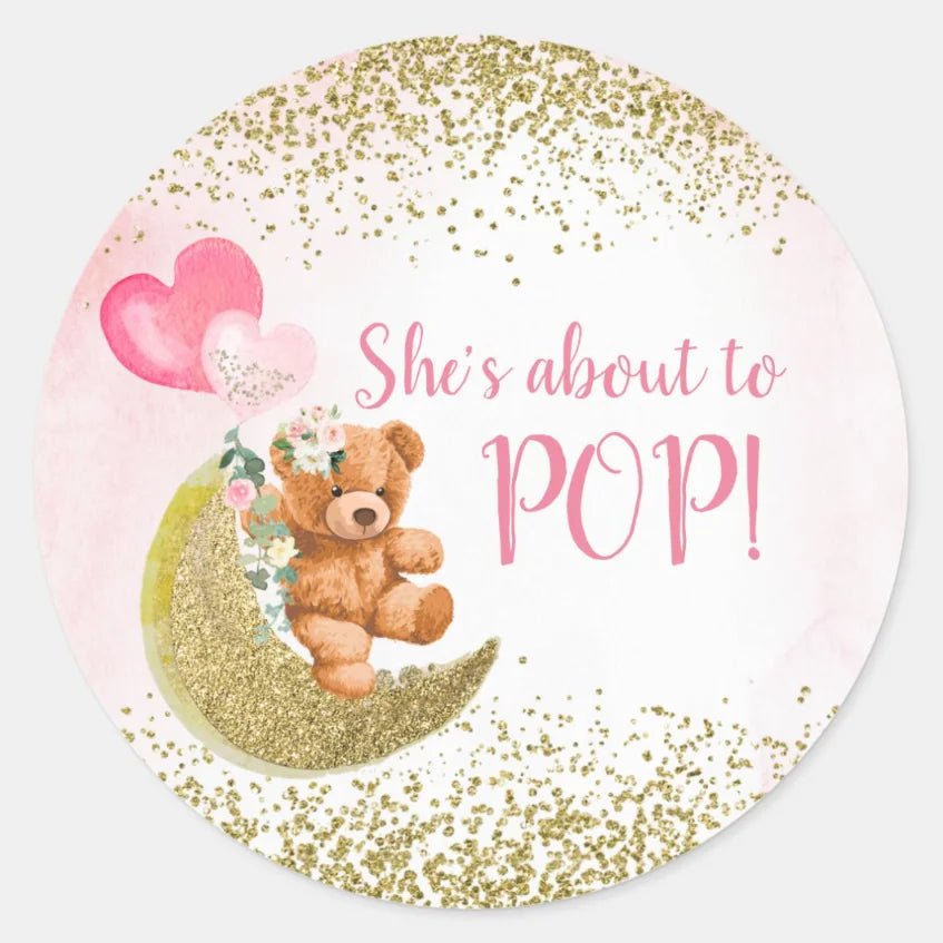 Personalized baptism party decor sticker featuring a adorable bear with balloons and custom text.