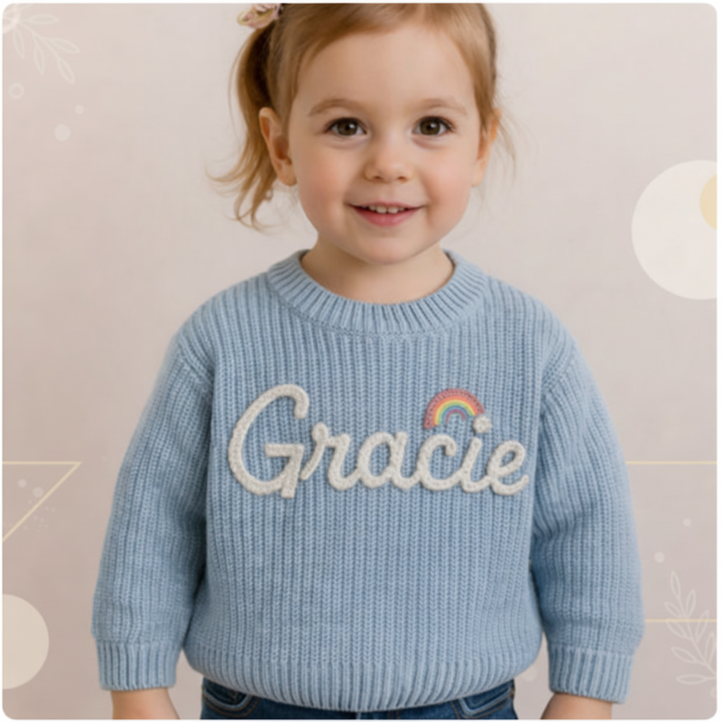 Personalized children's knit sweater with 'Olivia' in pink embroidery, long sleeve, cotton blend.