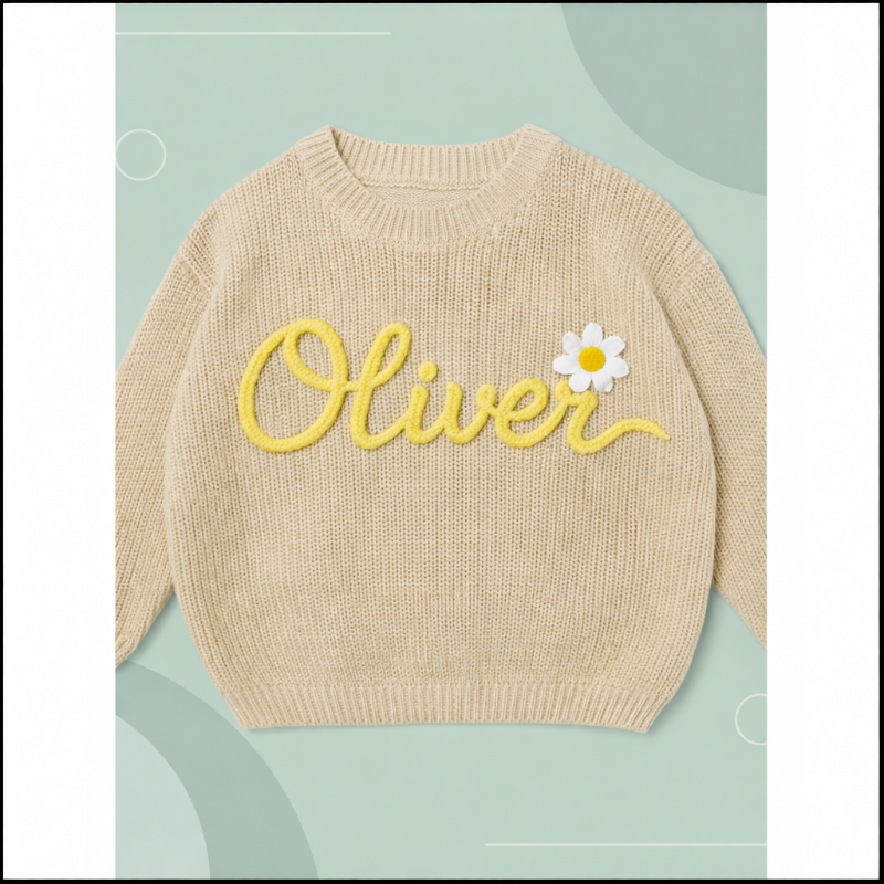 Personalized children's knit top, 'Zoe' in teal, soft cotton blend baby clothing.