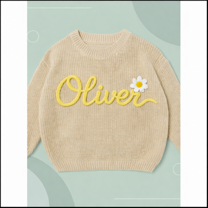 Personalized children's knit top, 'Zoe' in teal, soft cotton blend baby clothing.