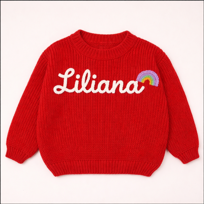 Custom embroidered toddler sweater, 'Oliver' in black, stylish long sleeve knit top.