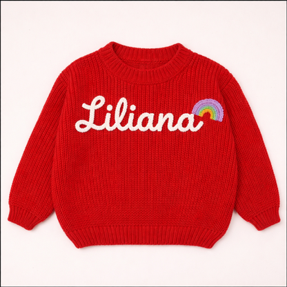 Custom embroidered toddler sweater, 'Oliver' in black, stylish long sleeve knit top.