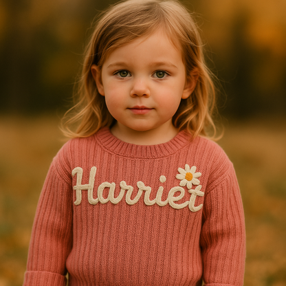 Baby's personalized sweater, 'Sophia' in purple script, soft childrenswear knit top.