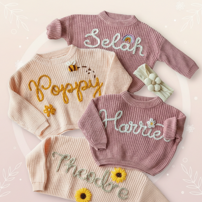 Embroidered long sleeve children's sweater, 'Noah' in green, custom toddler fashion.