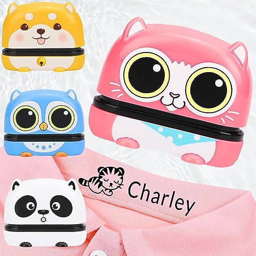 Close-up of customizable name stamp for children's clothes, showing clear impression of a name