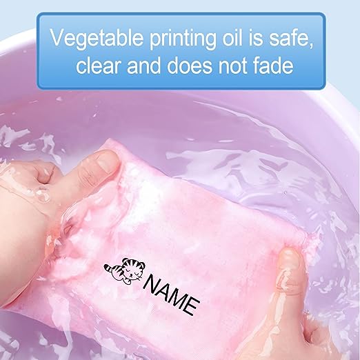 Set of personalized name stamps for kids' clothing, various design options, for easy labeling