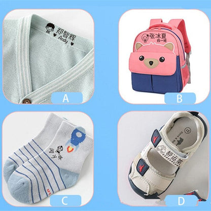Assortment of personalized kid's name stamps for clothing, showcasing custom fonts and designs
