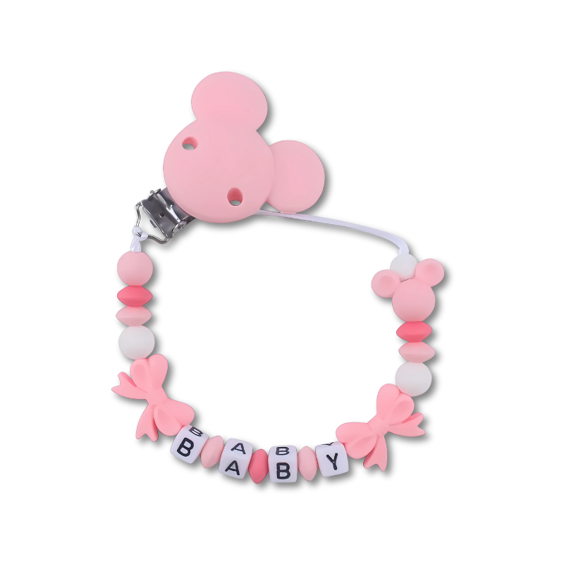 Grey custom name pacifier clip 'Harper', a durable baby gear and essential accessory.