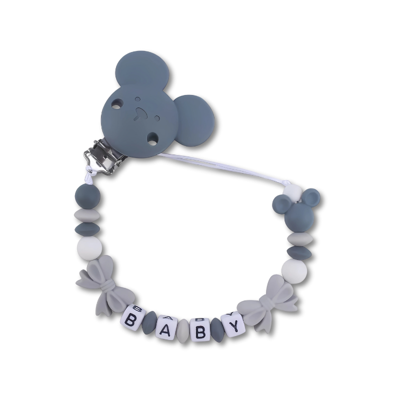 Custom baby pacifier clip, blue with 'Noah's' name, essential baby gear accessory.