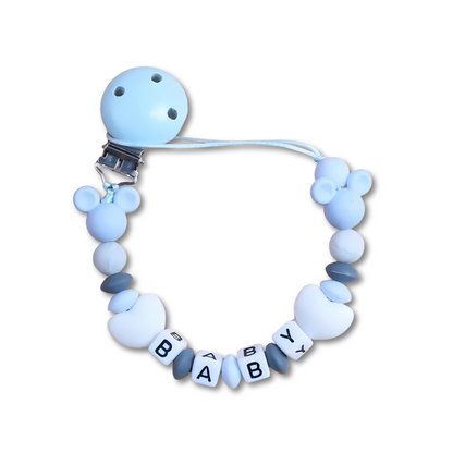 Green personalized pacifier clip for infants & toddlers, 'Ethan' name, baby accessory.