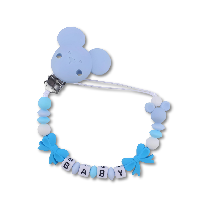 Personalized baby accessory: pacifier clip with 'Mia' name, ideal for newborns.