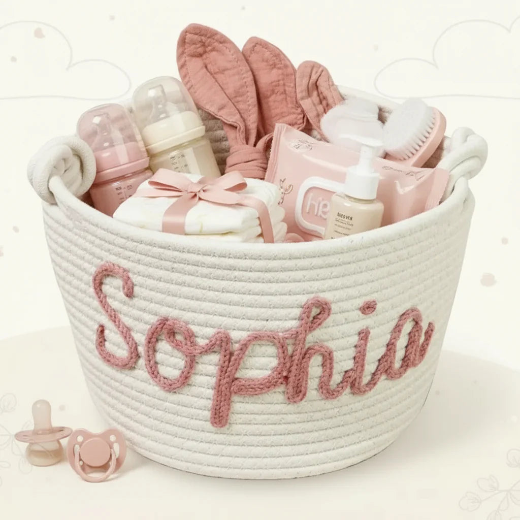 Personalized pink diaper caddy with baby's name, perfect nursery storage for baby essentials.