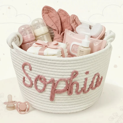 Personalized pink diaper caddy with baby's name, perfect nursery storage for baby essentials.
