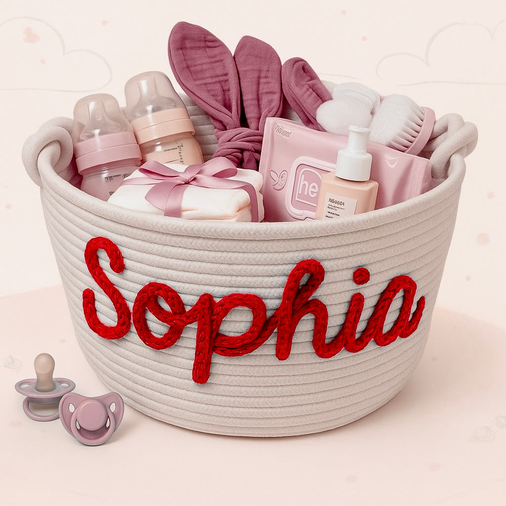 Personalized diaper caddy filled with baby items, convenient nursery organization solution.