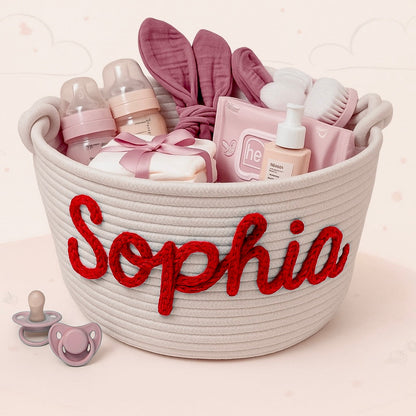 Personalized diaper caddy filled with baby items, convenient nursery organization solution.