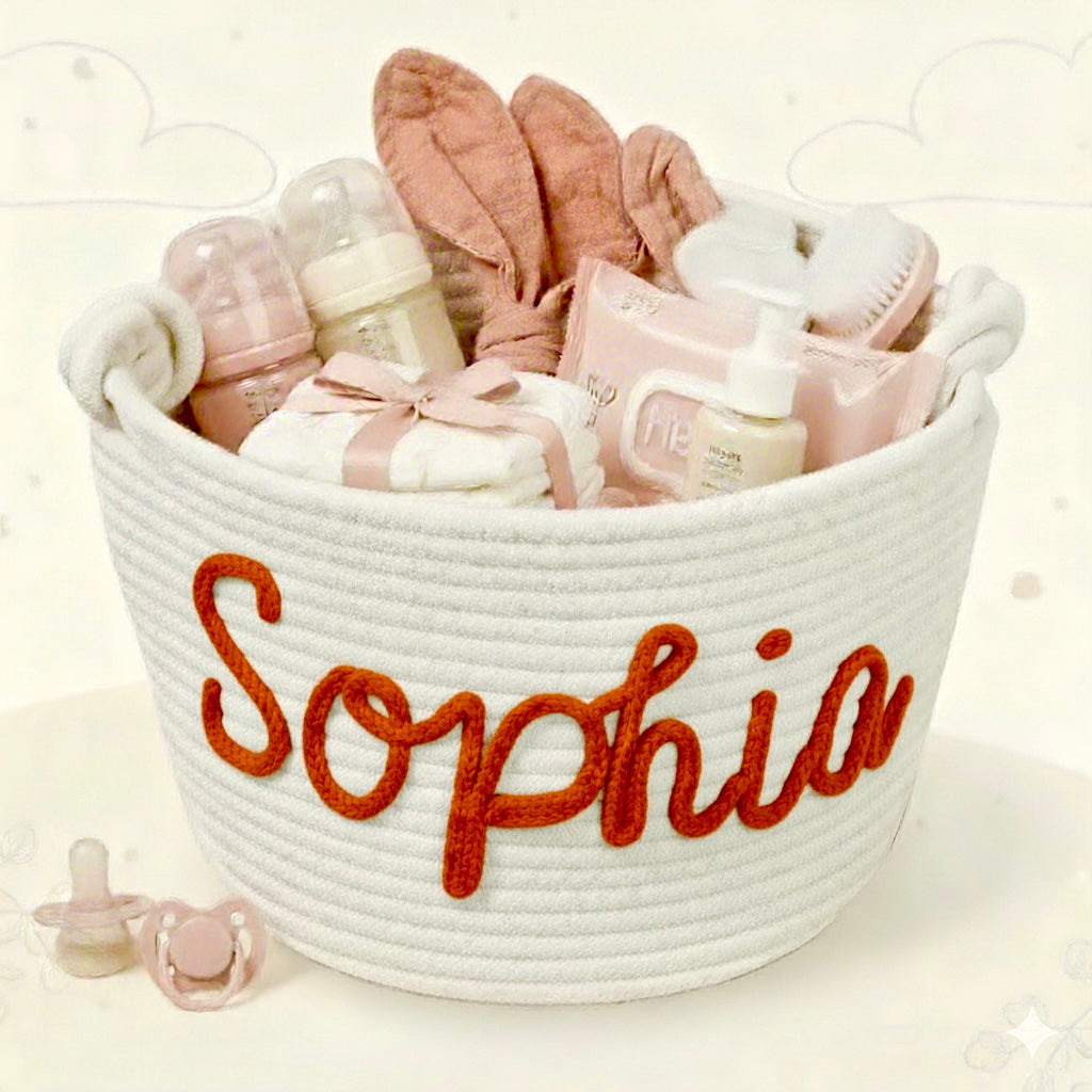 Personalized diaper caddy with elegant trim, stylish nursery storage for modern parents.