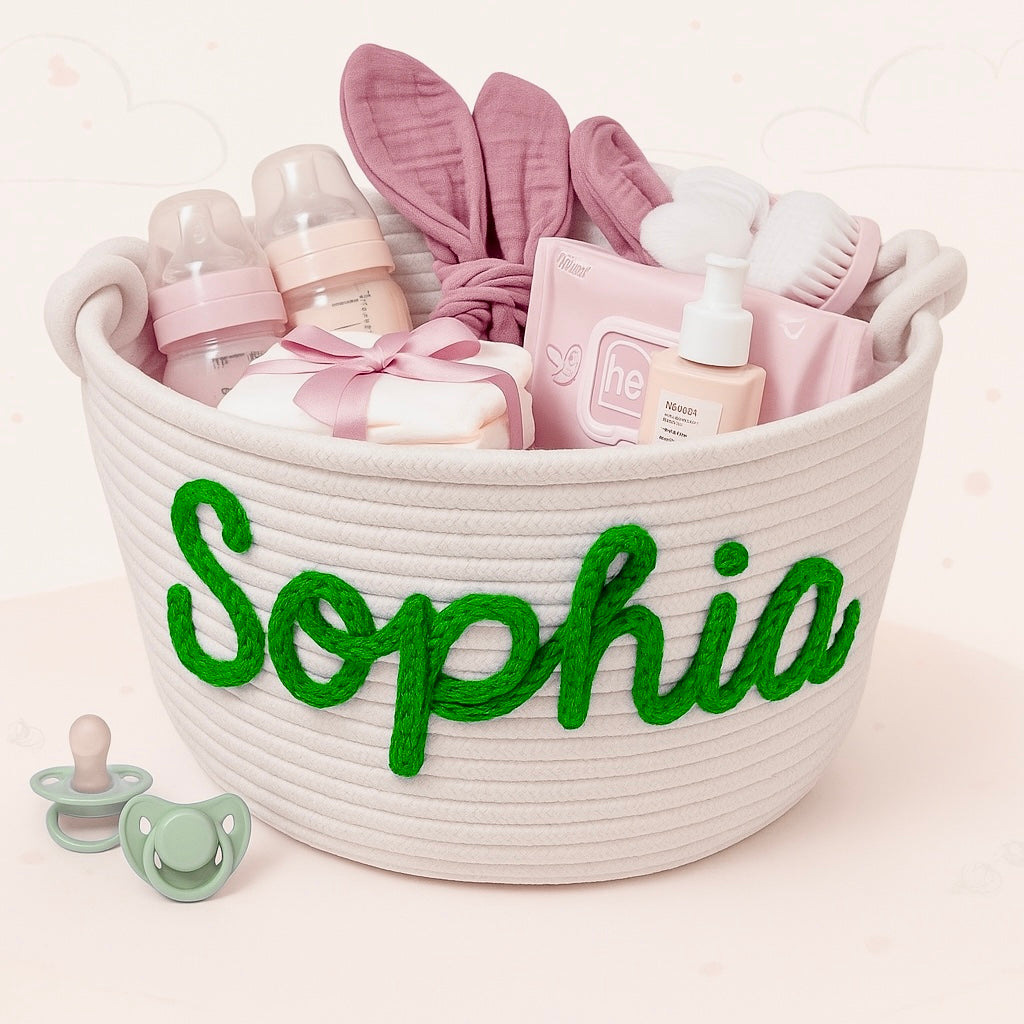 Personalized diaper caddy in vibrant color, fun and functional baby accessory storage.