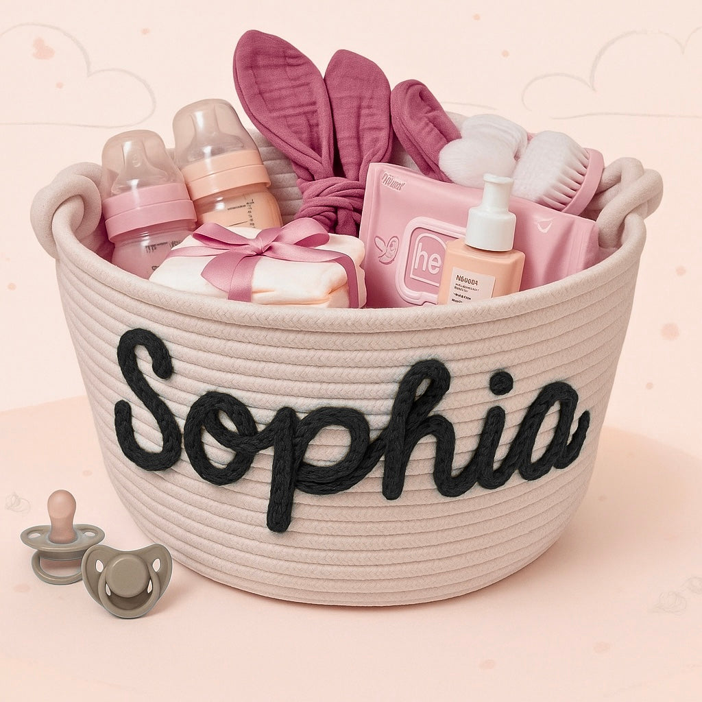 Diaper caddy with custom design, unique nursery storage basket and personalized baby gift.