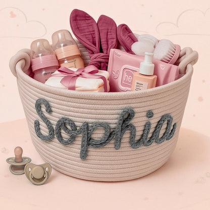 Baby's personalized diaper caddy, sturdy cotton basket for long-lasting nursery storage.