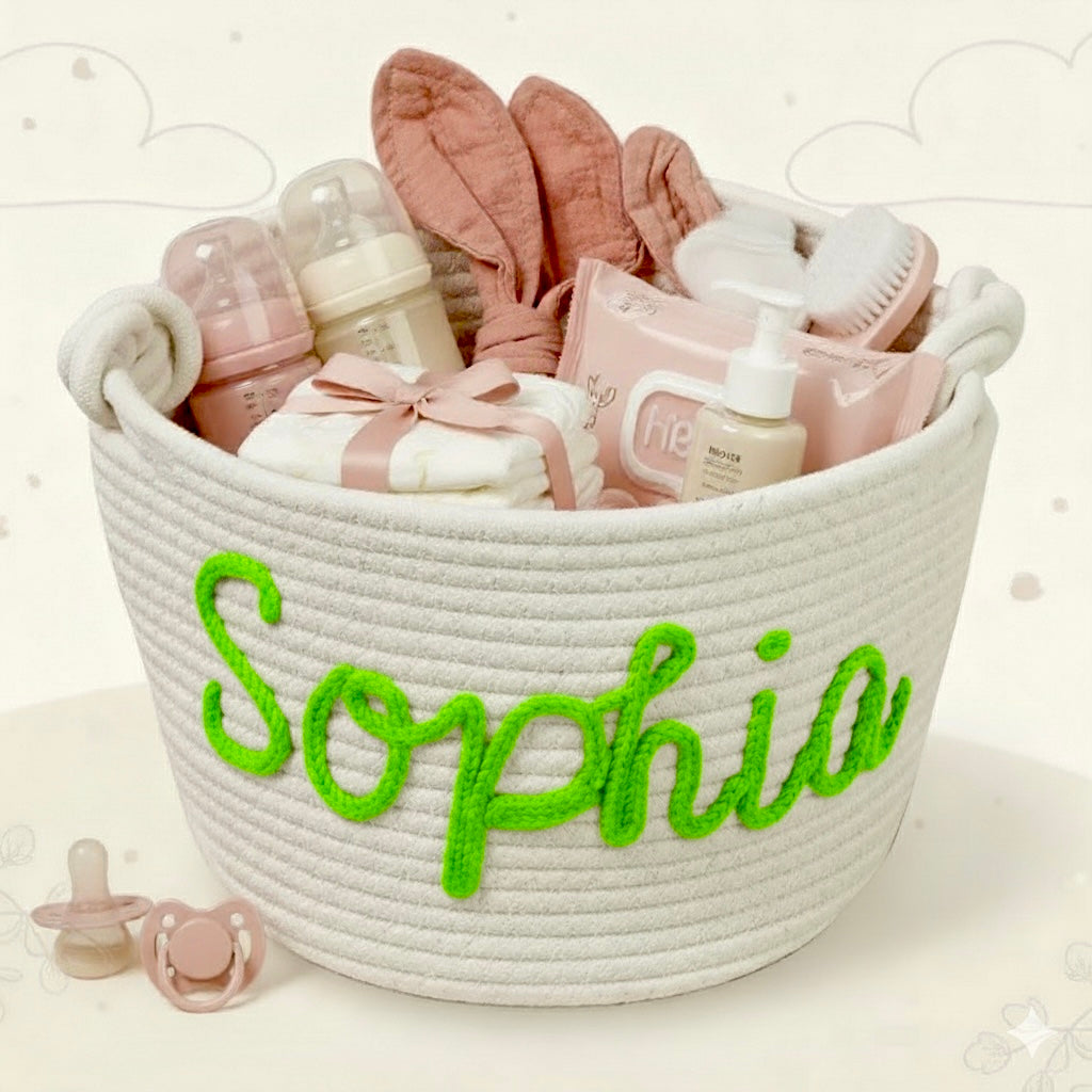 Personalized diaper caddy next to crib, essential nursery item and charming baby gift.