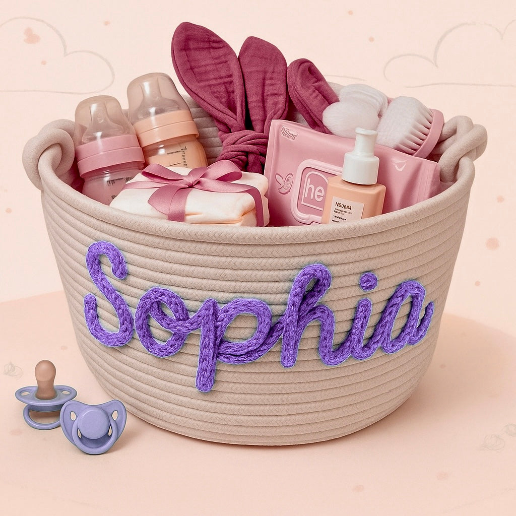 Hand-stitched personalized diaper caddy, artisanal nursery storage basket detail.