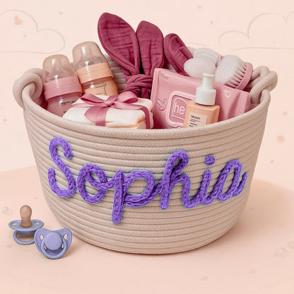 Hand-stitched personalized diaper caddy, artisanal nursery storage basket detail.