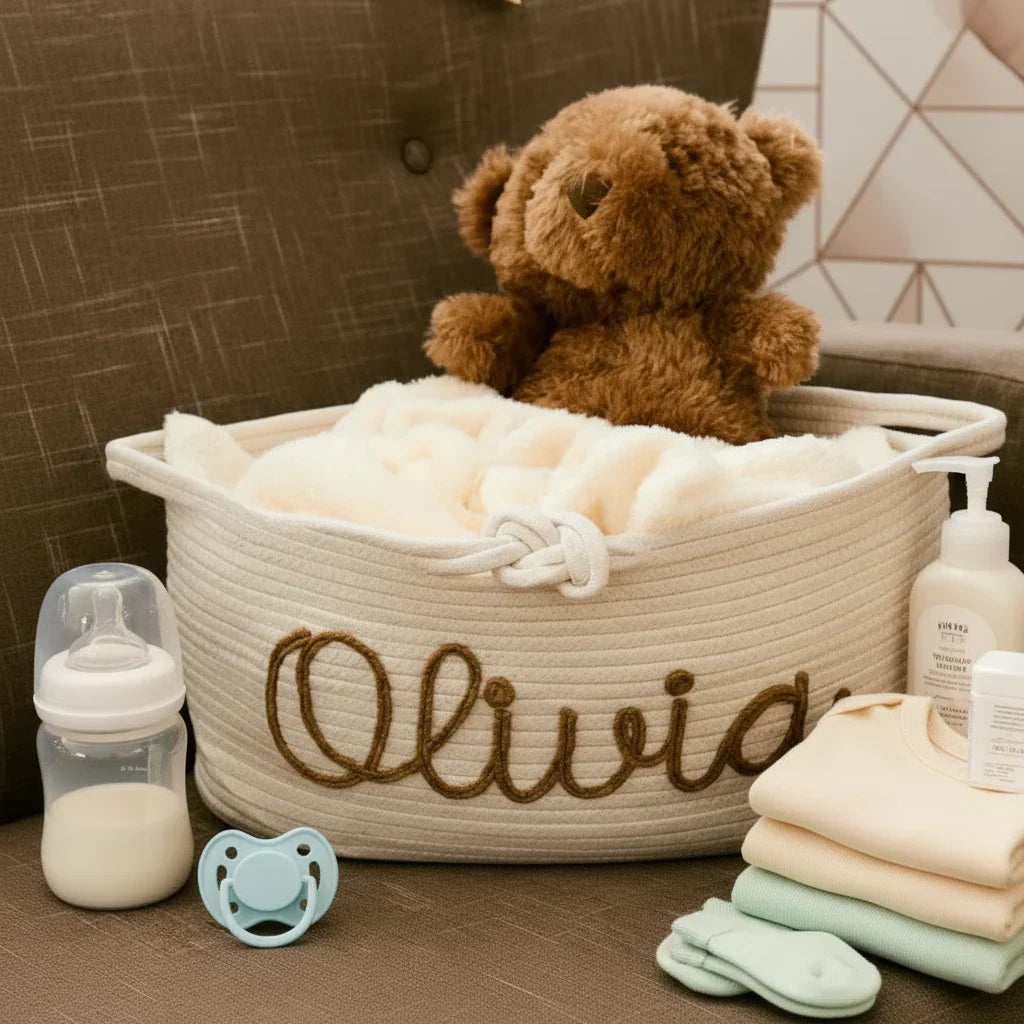 Elegant gray personalized diaper caddy, versatile nursery storage for toys and diapers.