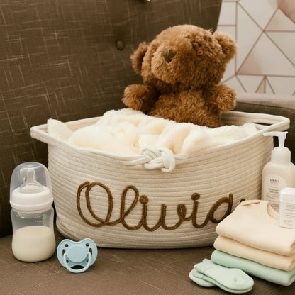 Elegant gray personalized diaper caddy, versatile nursery storage for toys and diapers.