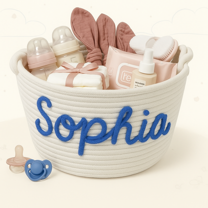 Diaper caddy with personalized text, multi-compartment nursery storage for baby accessories.
