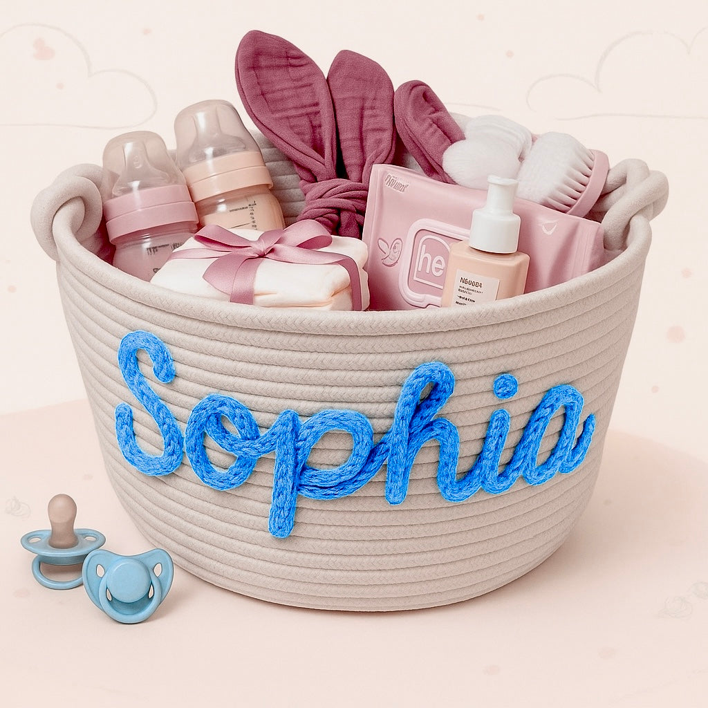 Neutral personalized diaper caddy, spacious cotton basket for home organization & baby supplies.