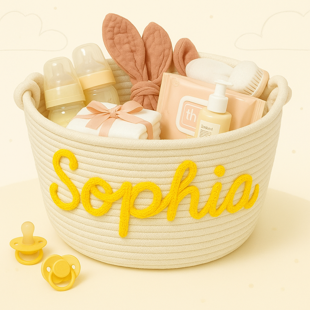 Customizable diaper caddy with animal motif, charming nursery storage basket for baby shower.