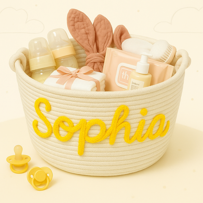 Customizable diaper caddy with animal motif, charming nursery storage basket for baby shower.