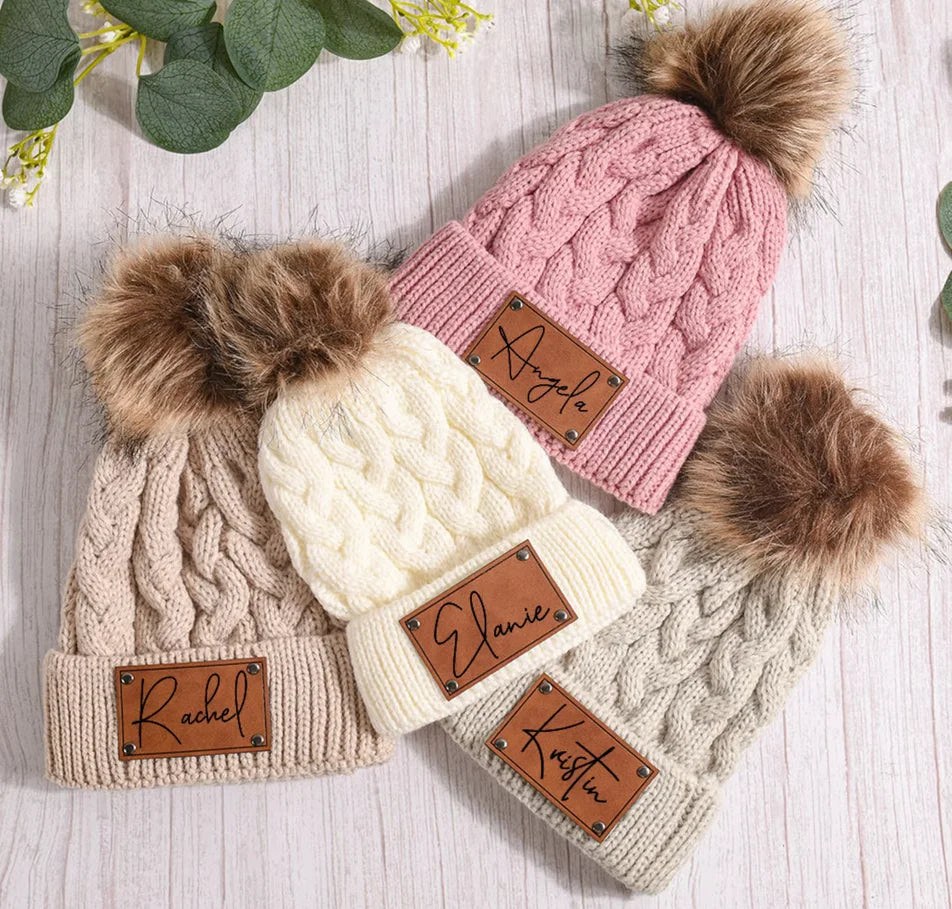 Personalized pink knit pom pom beanie hat for toddlers with custom name embroidery